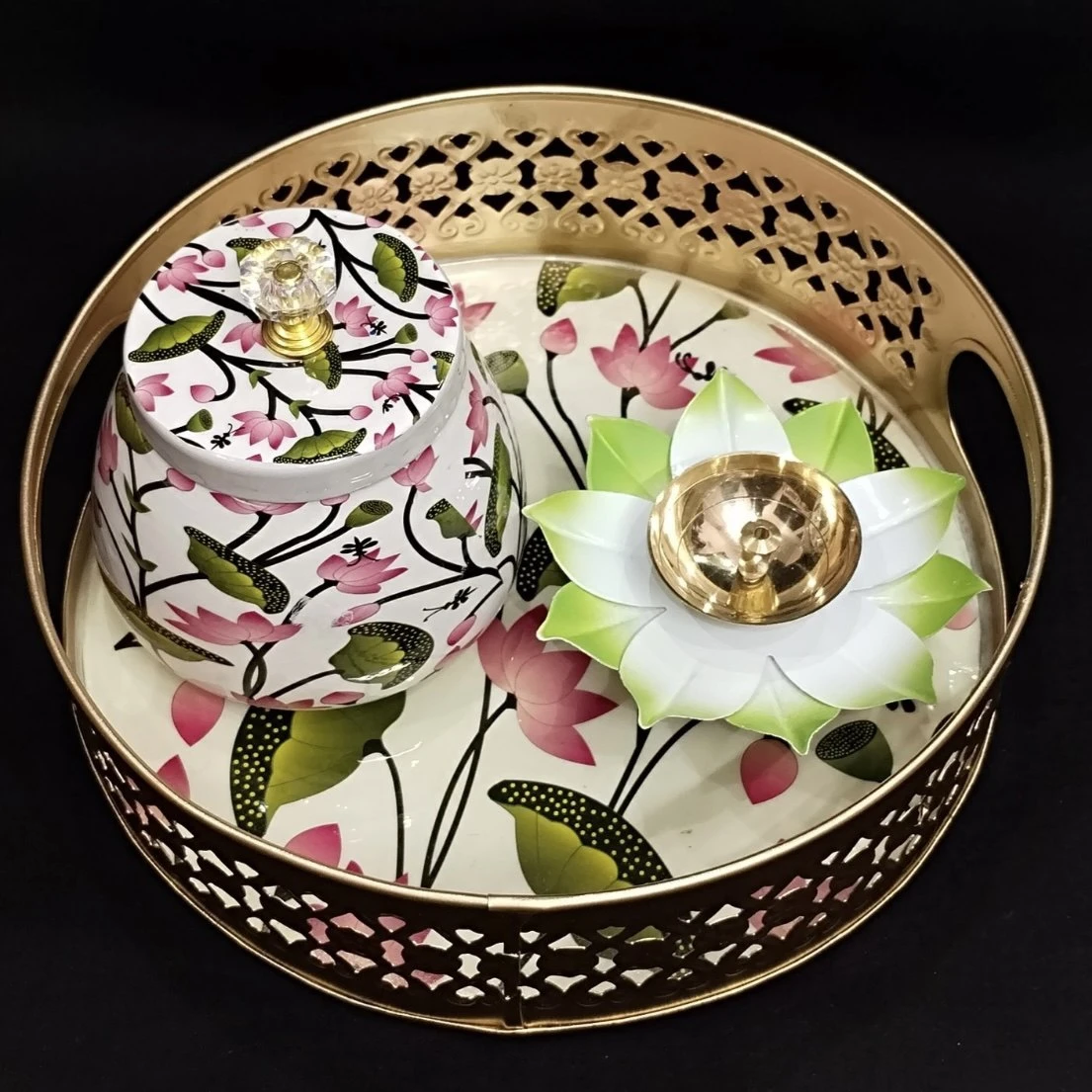 Pichwai Themed Metal Tray with Dry Fruit Jar and Diya Set - 1